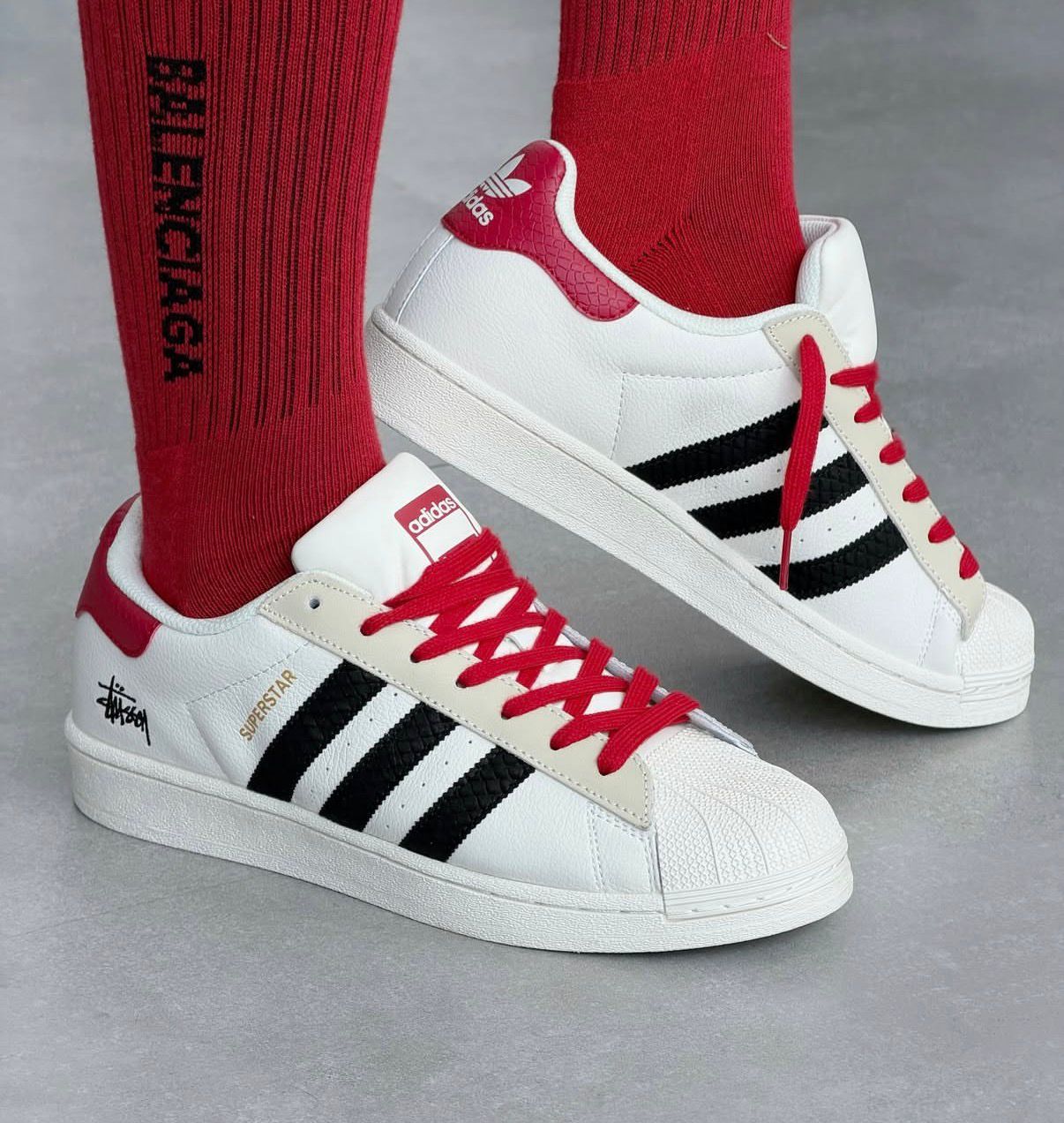 ADIDAS ORIGINALS SUPERSTAR WHITE BLACK RED STUSSY X SUPREME