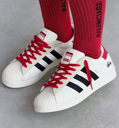 ADIDAS ORIGINALS SUPERSTAR WHITE BLACK RED STUSSY X SUPREME